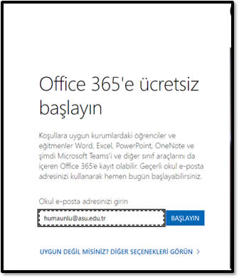 Office 365'e ücretsiz başlayın ekranı