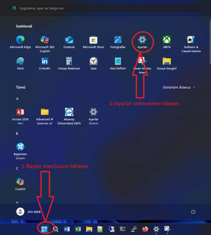 Windows Başlat ve Ayarlar menüsü